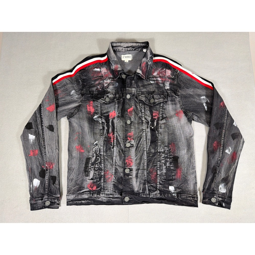FWRD Denim Mens Acid Wash Paint Splatter Trucker Jacket Black Red Stripe 2XL